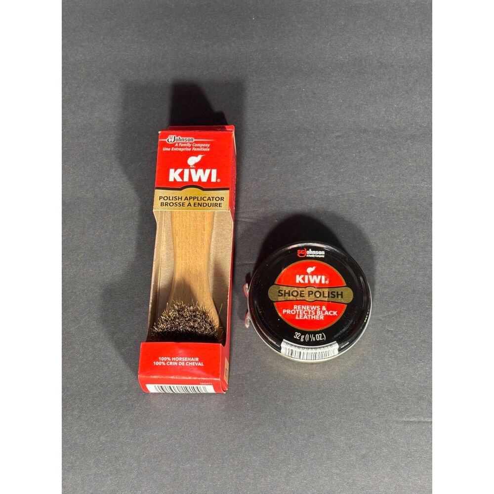 KIWI Black Shoe Polish 32g With 100% Horsehair Applicator Brush Leather Care Set